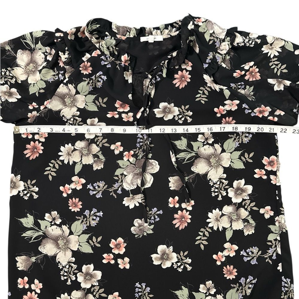 Pleione Black Floral Blouse Ruffle Neck Tie Front Sheer Sleeve Boho Size L - Picture 6 of 12